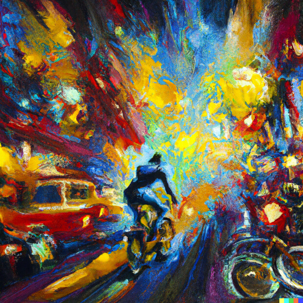 biking through a beautiful city depicted as an exploding nebula, oil painting - version 2